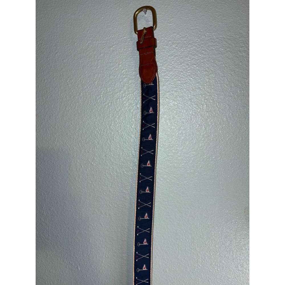 Leather Man Ltd Golf 18th home Embroidered Canvas Belt Brown Leather 42